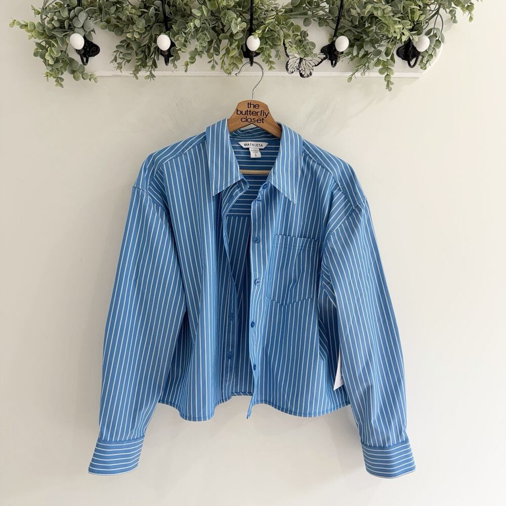 Athleta New Midday Cropped Blue Striped Shirt Large M KD